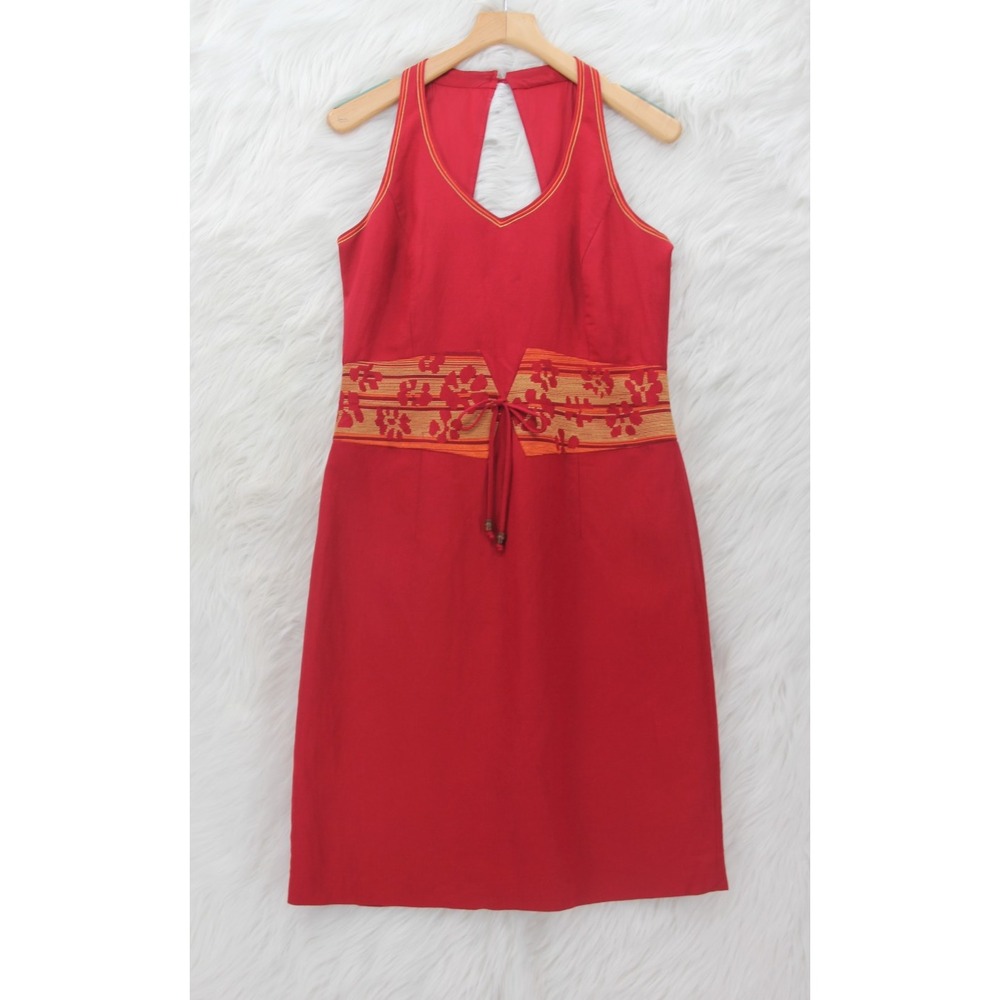 Vintage 90s Women's Embroidered Sheath Dress Size 12 Boho Red Lagenlook Art